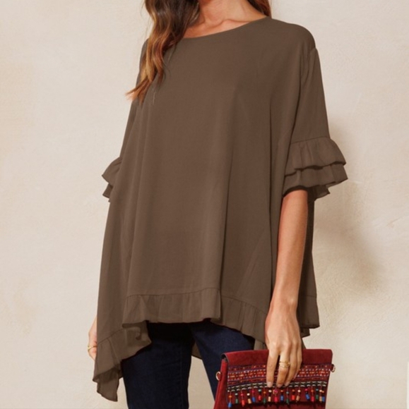 New Oddi Woven Chocolate Ruffled Top - Picture 1 of 1